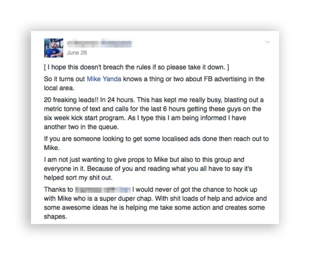 Fb Side Hustle Course Laptop Empires - this is the exact post mike s first client wrote to brag about how awesome his services were which led to mike getting his first 4 paying clients for a