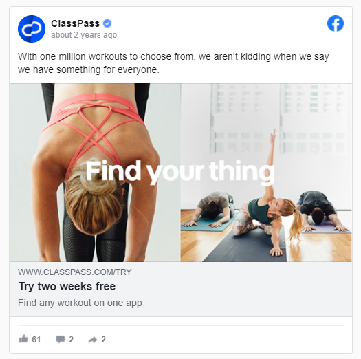 example of facebook ads for classpass
