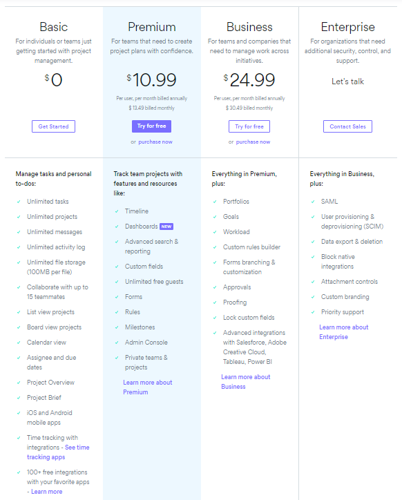 Asana pricing