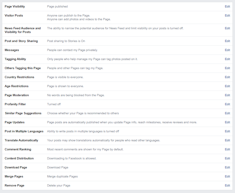 settings for facebook